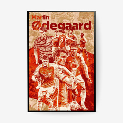 Martin Odegaard Arsenal poster in a black frame featuring a red and cream vintage football collage