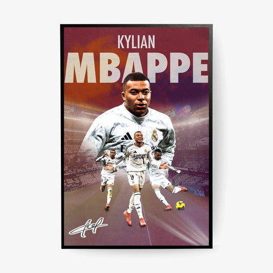 Poster of Kylian Mbappé in a Real Madrid kit, featuring multiple action shots and a large portrait, with his name in bold above.