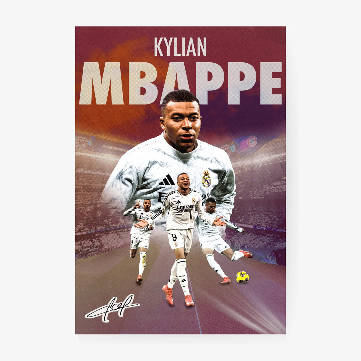Clean poster design of Kylian Mbappé in Real Madrid attire, standing in a stadium with an intense backdrop.