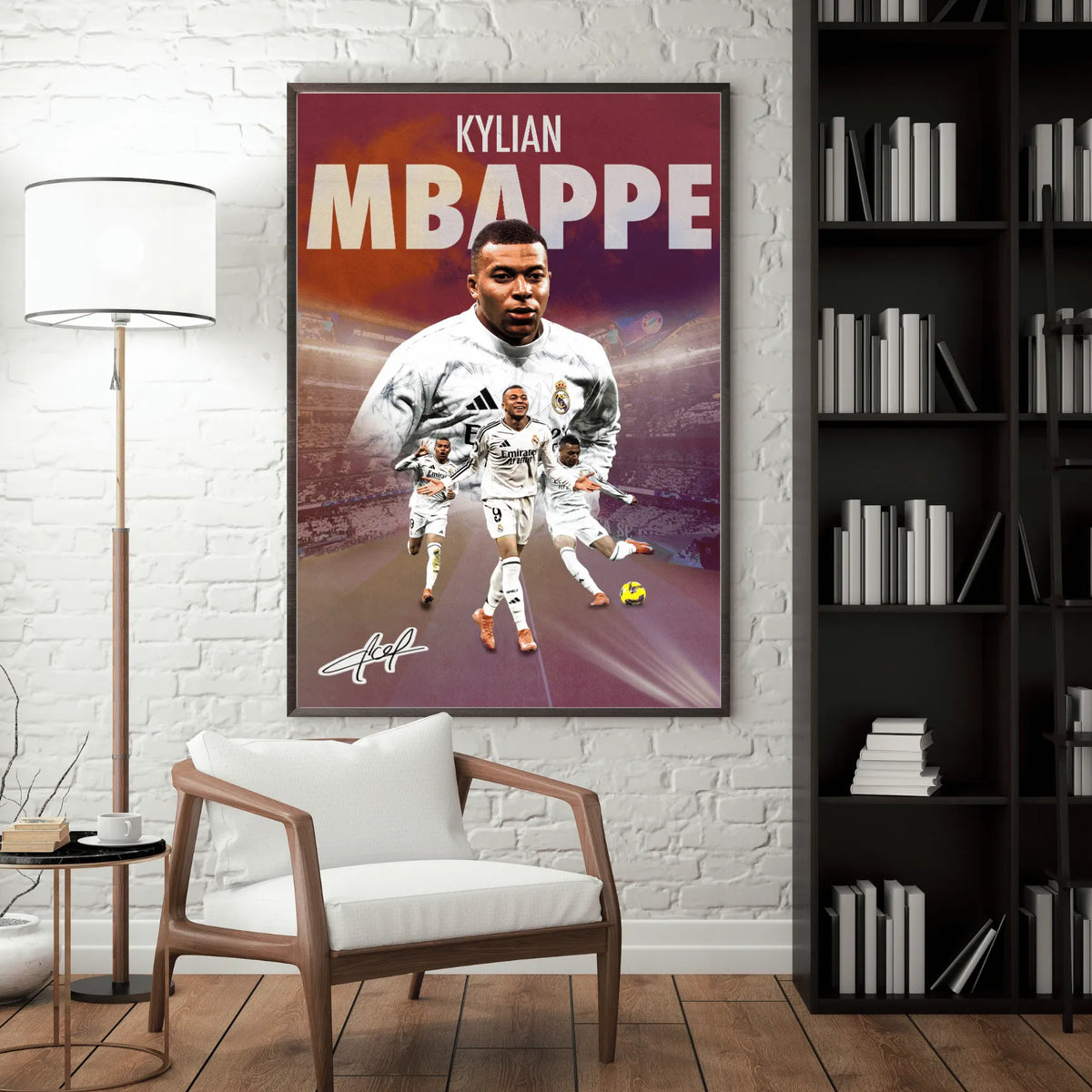 Interior wall mockup displaying a framed Kylian Mbappé Real Madrid poster in a modern living room setting. 