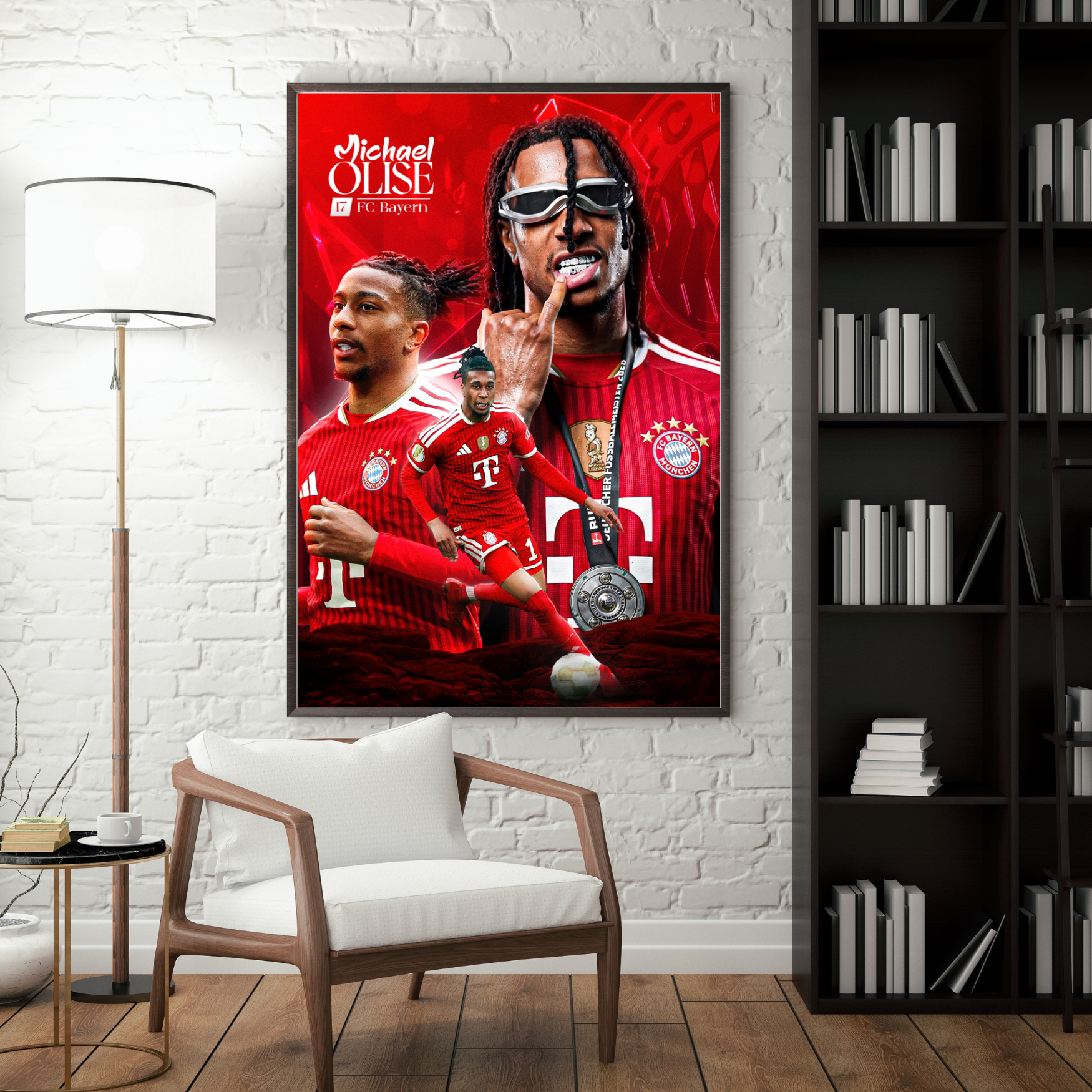 Framed Michael Olise Bayern Munich poster in modern interior