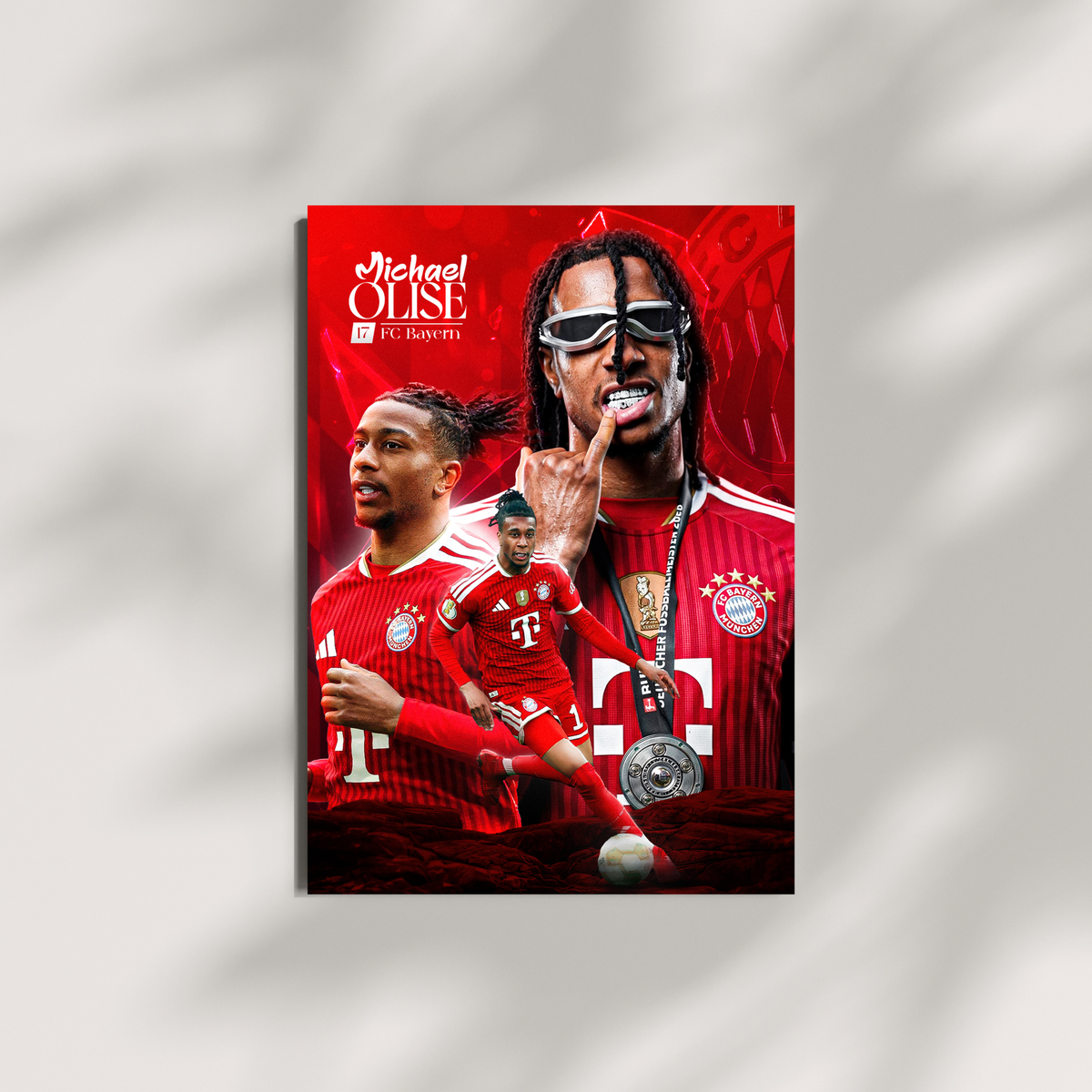Michael Olise Bayern Munich football poster displayed on wall