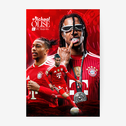 Michael Olise Bayern Munich poster featuring red football artwork