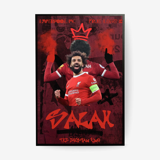 a poster of the footballer salah displayed with a crown on his head on a urban background