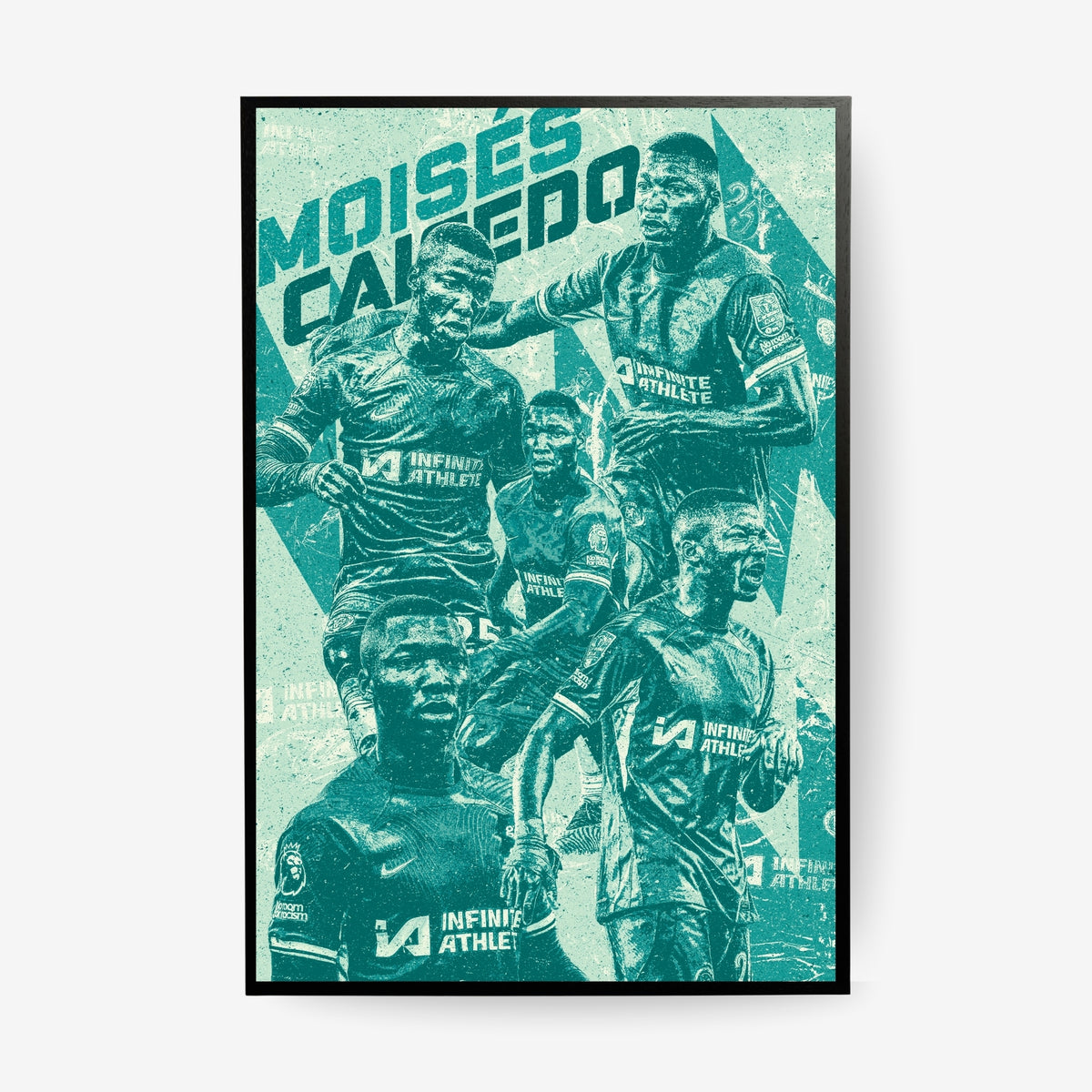 Moisés Caicedo Chelsea poster in a black frame featuring a green vintage football collage