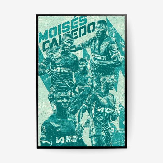 Moisés Caicedo Chelsea poster in a black frame featuring a green vintage football collage