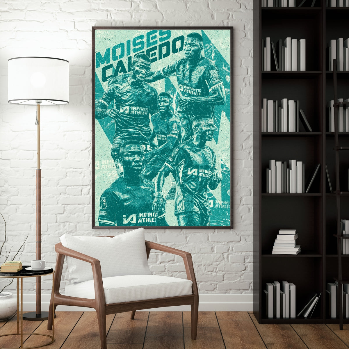Moisés Caicedo Chelsea poster displayed in a modern interior with a dark frame