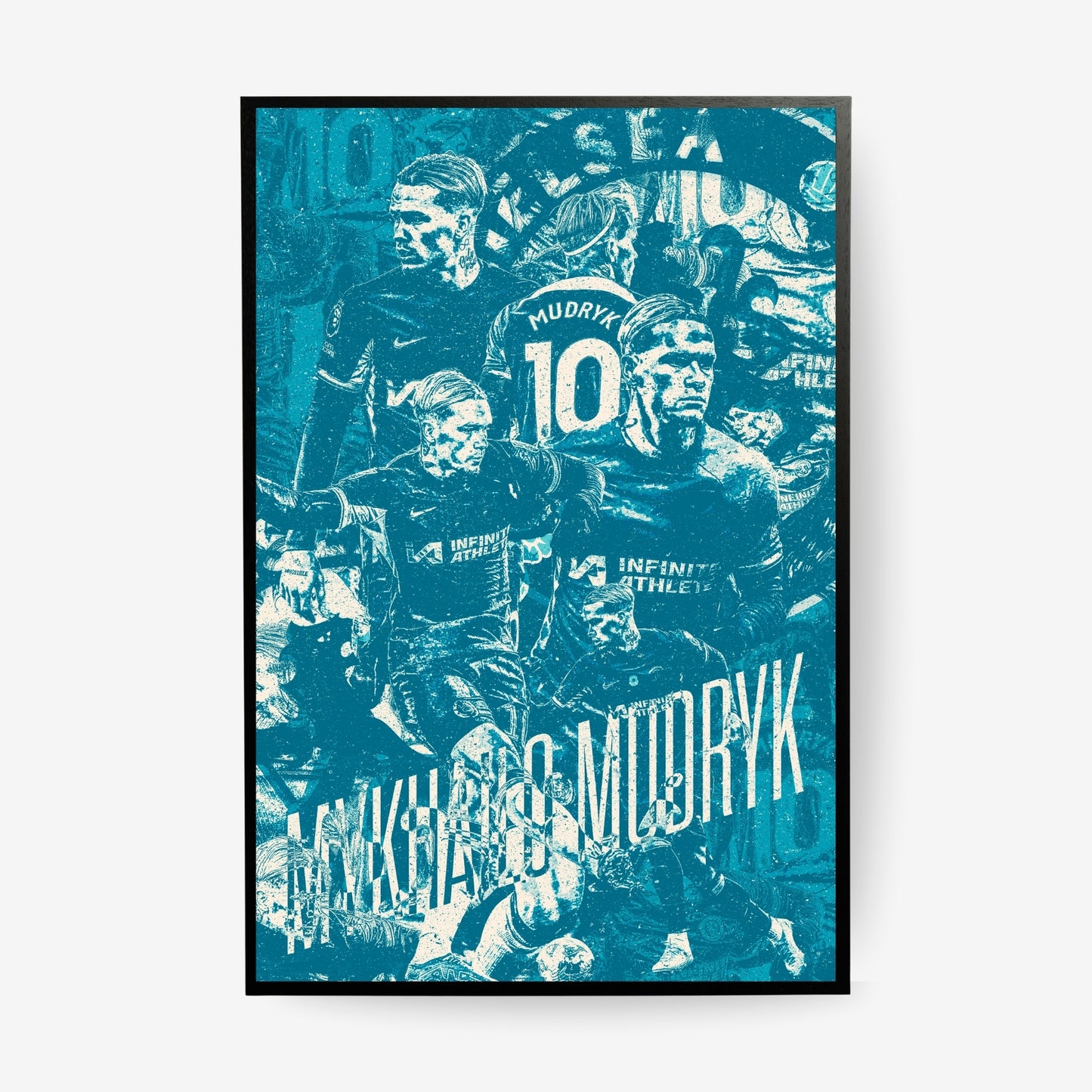 Mykhailo Mudryk Chelsea poster in a black frame featuring a blue vintage football collage