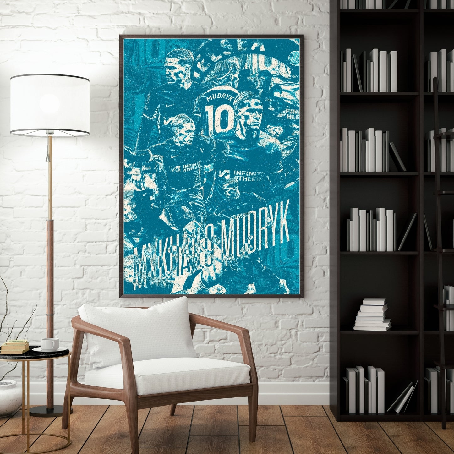 Mykhailo Mudryk Chelsea poster displayed in a modern interior with a dark frame
