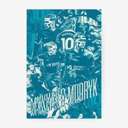 Mykhailo Mudryk Chelsea poster featuring a blue vintage football collage