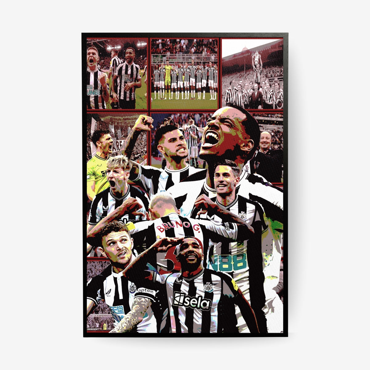 Newcastle United football poster featuring iconic players and club moments in a black frame