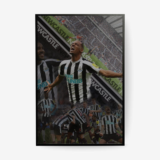 Newcastle United football poster featuring Alexander Isak celebrating in a black frame
