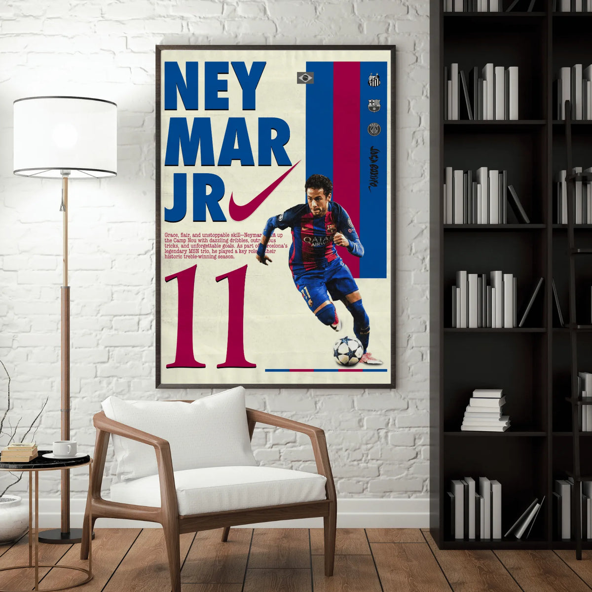 Neymar Jr Barcelona framed poster displayed in a modern living room setting.