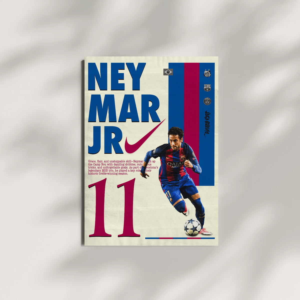 Mockup of Neymar Jr Barcelona wall art with vintage-style design on a textured background.