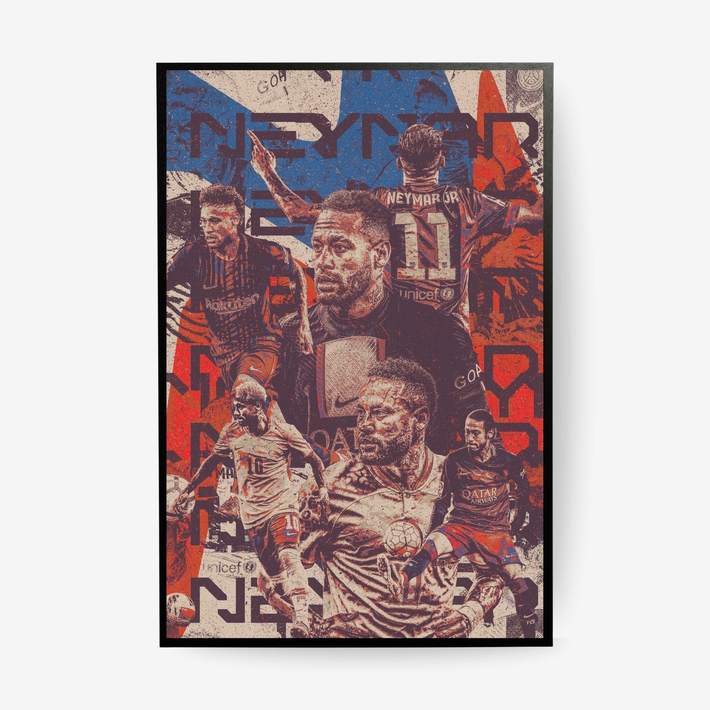 Neymar football poster in a black frame featuring a vintage collage of iconic career moments