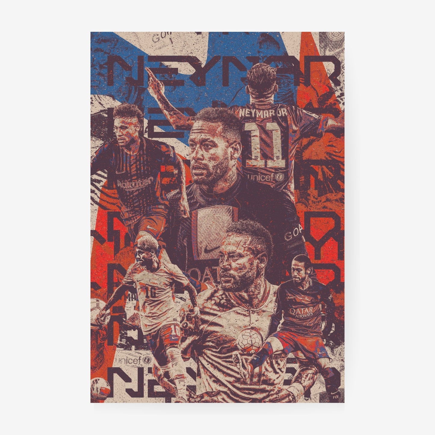 Neymar football poster featuring a vintage collage of iconic moments from his football career