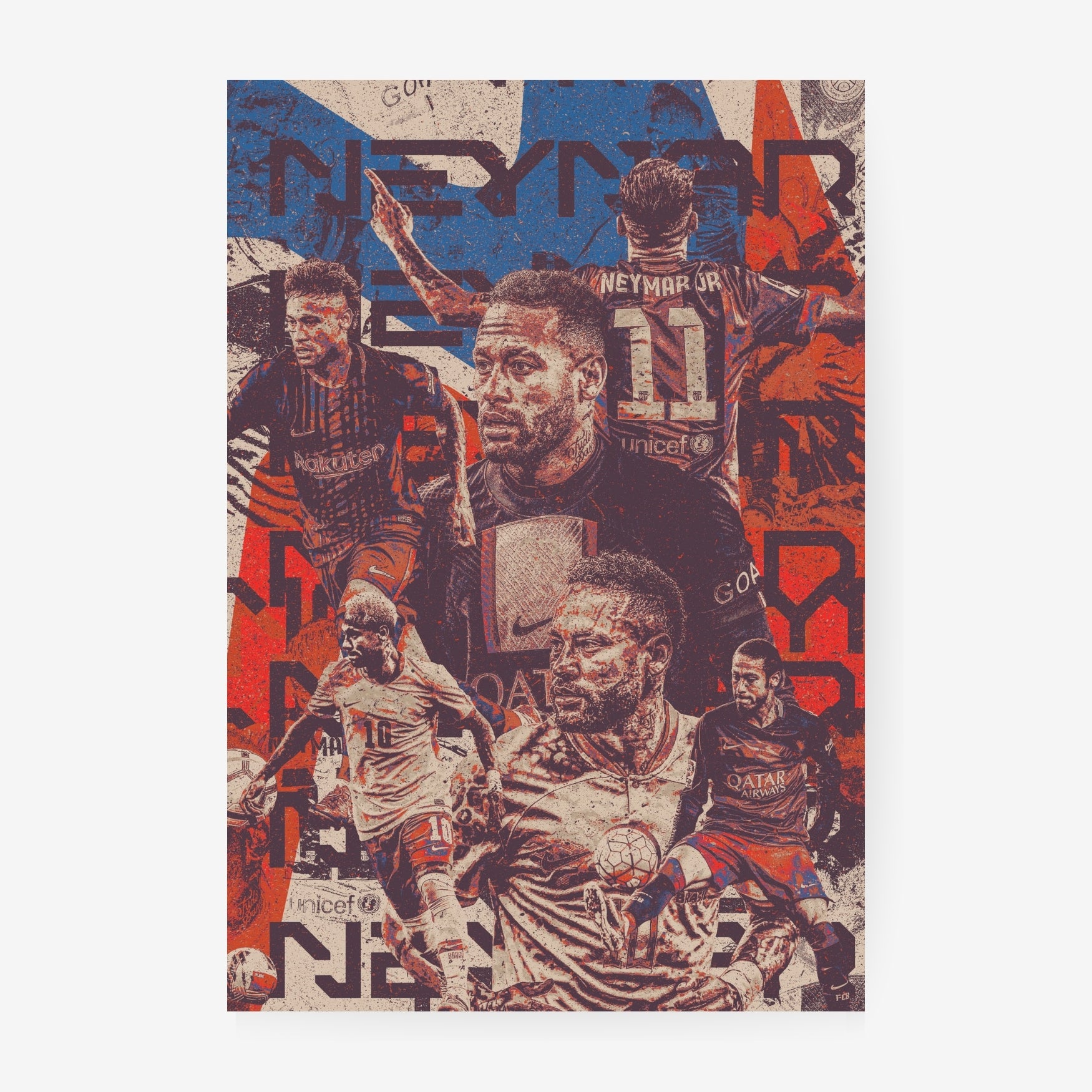 Neymar football poster featuring a vintage collage of iconic moments from his football career