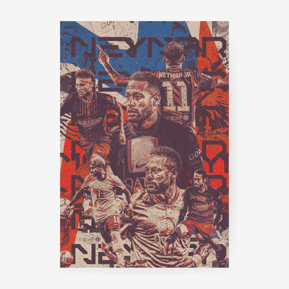 Neymar football poster featuring a vintage collage of iconic moments from his football career