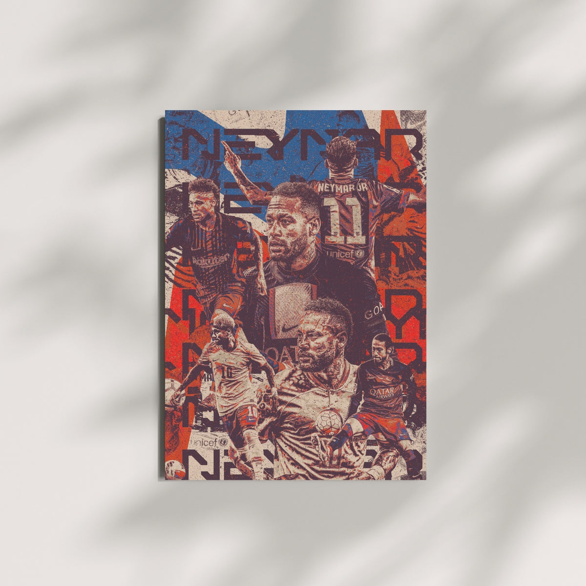 Neymar football wall art featuring a vintage red blue and beige football collage