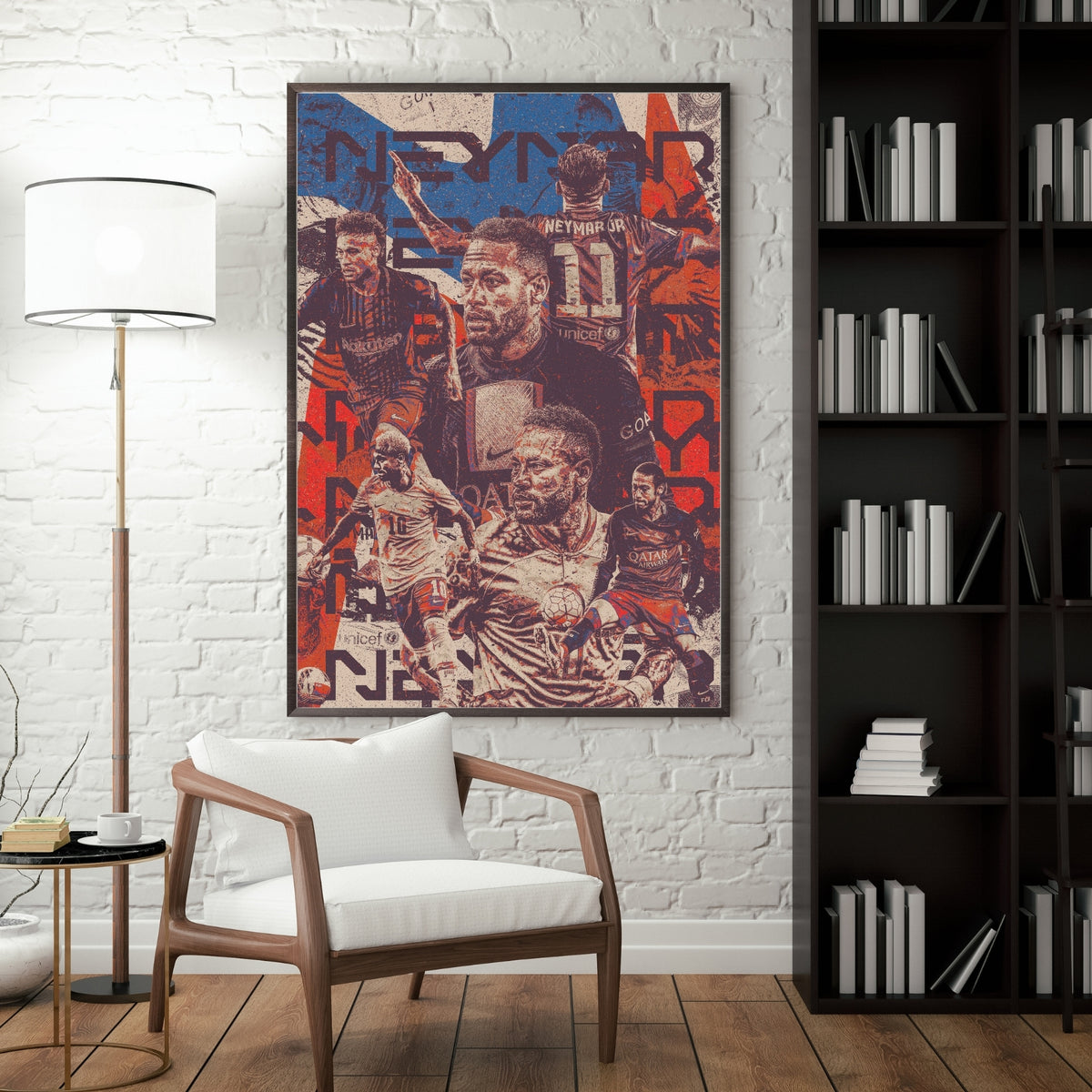 Neymar football poster displayed in a modern interior with a dark frame