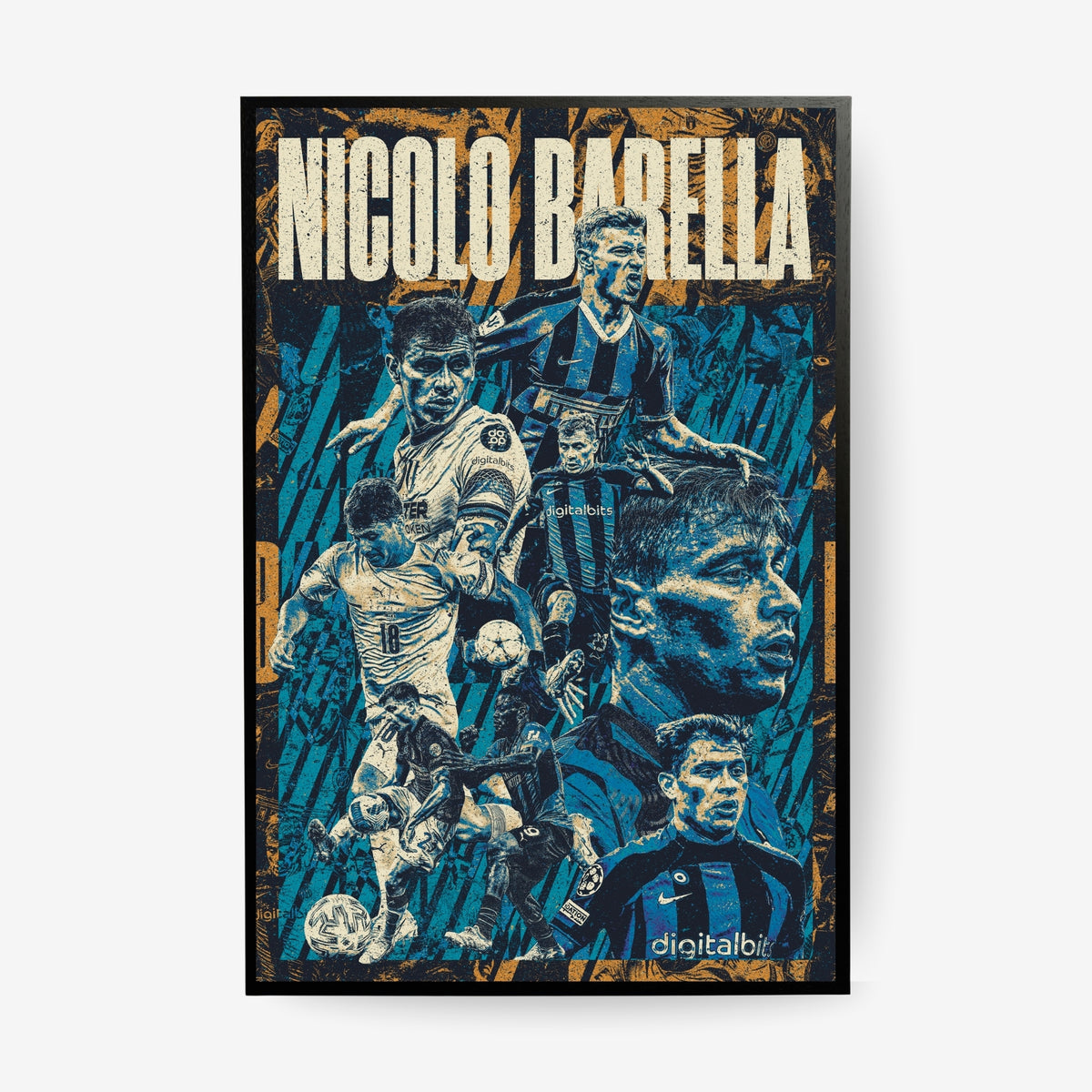 Nicolò Barella football poster in a black frame featuring iconic Inter Milan and Italy moments in a blue and gold vintage collage design