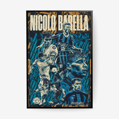 Nicolò Barella football poster in a black frame featuring iconic Inter Milan and Italy moments in a blue and gold vintage collage design