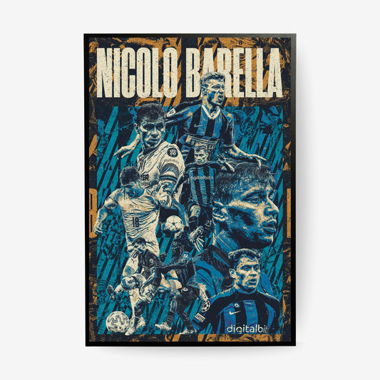 Nicolò Barella football poster in a black frame featuring iconic Inter Milan and Italy moments in a blue and gold vintage collage design