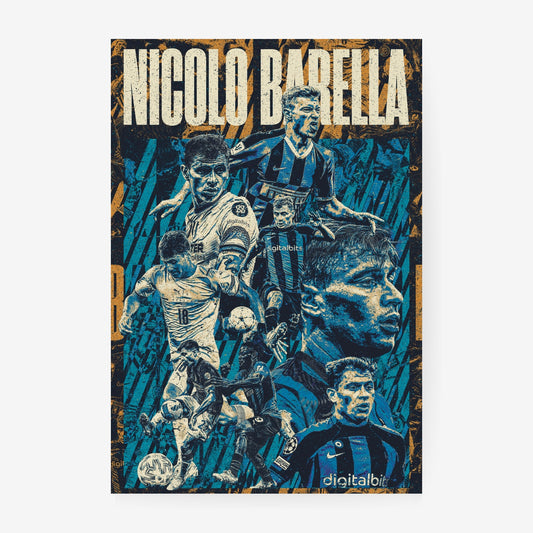 Nicolò Barella football poster featuring Inter Milan and Italy career moments in a blue and gold distressed collage design