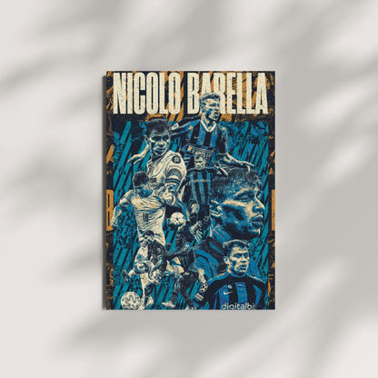 Nicolò Barella football wall art featuring a blue and gold collage of the Inter Milan and Italy midfielder