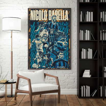 Nicolò Barella football poster displayed in a modern interior featuring Inter Milan and Italy career moments