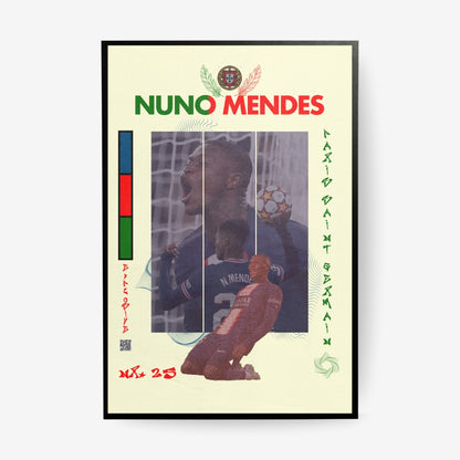 Nuno Mendes football poster in a black frame featuring Portugal and Paris inspired artwork