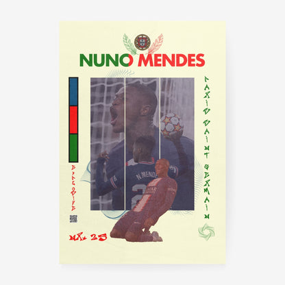 Nuno Mendes football poster featuring Portugal colors and Paris inspired design