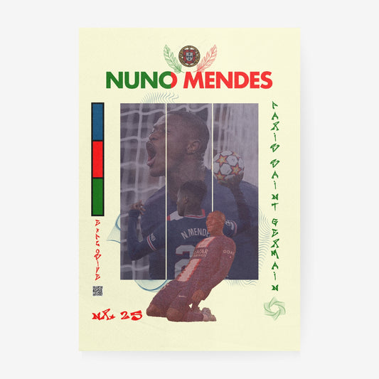 Nuno Mendes football poster featuring Portugal colors and Paris inspired design