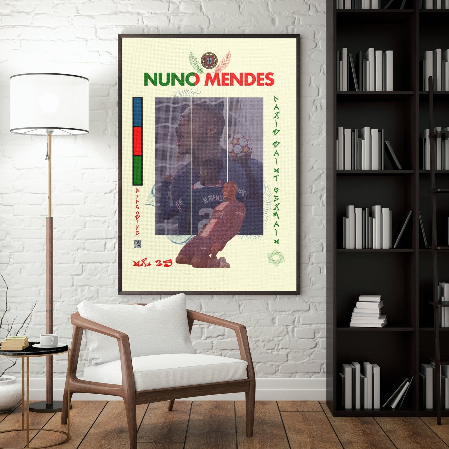 Nuno Mendes football poster displayed in a modern interior with a dark frame