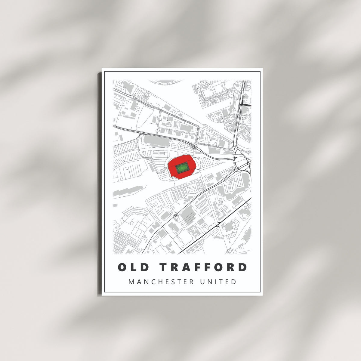 Old Trafford Manchester United football wall art featuring a minimalist stadium map design displayed on a modern wall