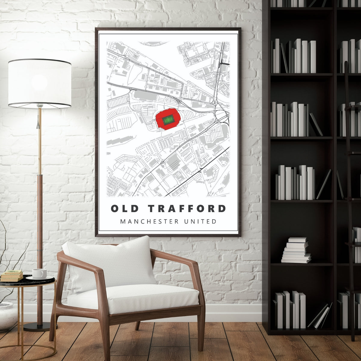 Old Trafford Manchester United stadium map poster displayed in a modern interior as minimalist football room decor