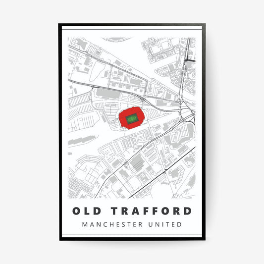Old Trafford Manchester United stadium map poster in a black frame featuring a minimalist Manchester map with the iconic football stadium highlighted in red