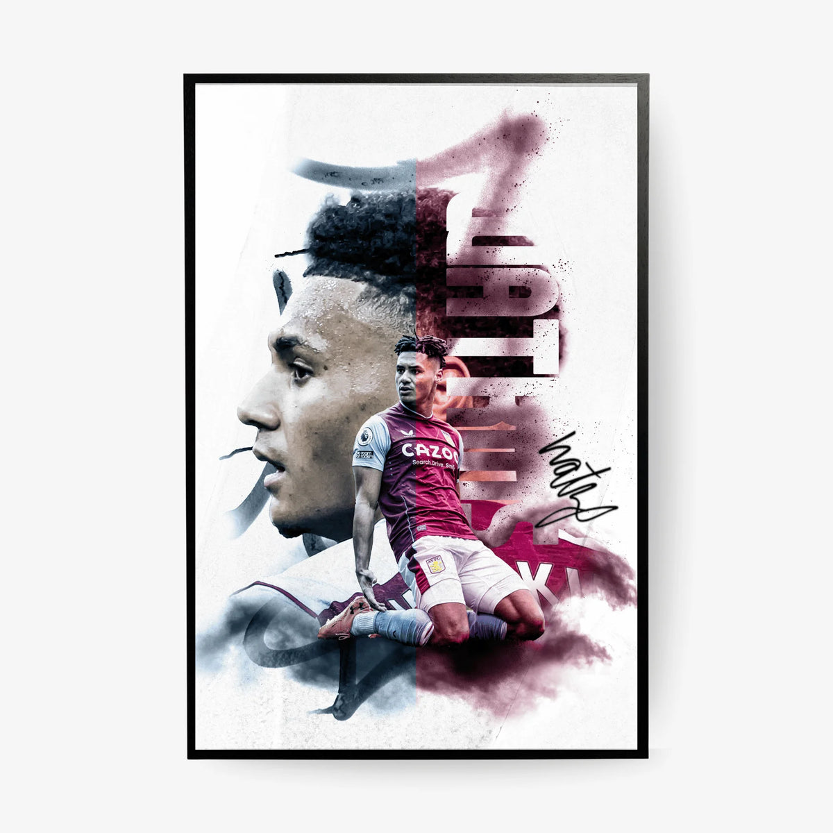 Framed artwork of a soccer player with a stylized design on a white background