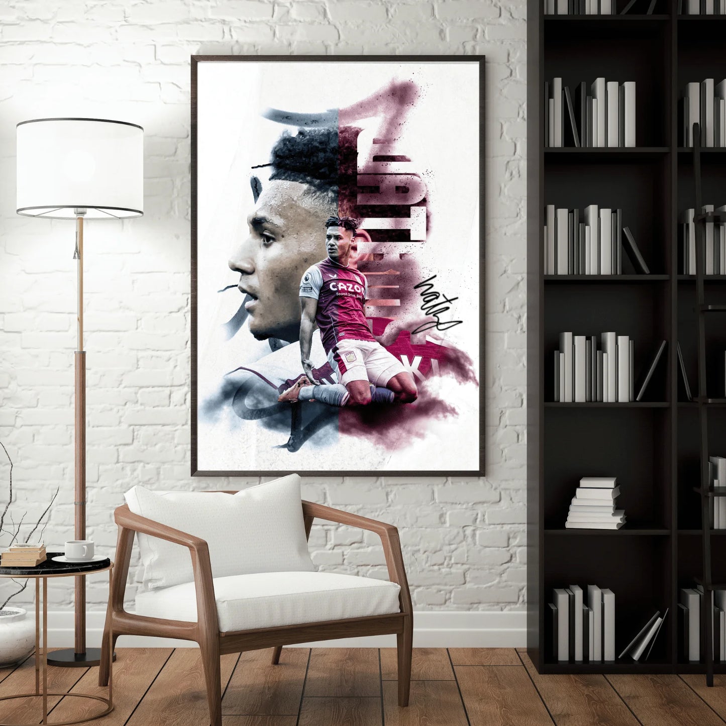 Framed artwork of a soccer player in a modern living room setting with a chair and bookshelf.