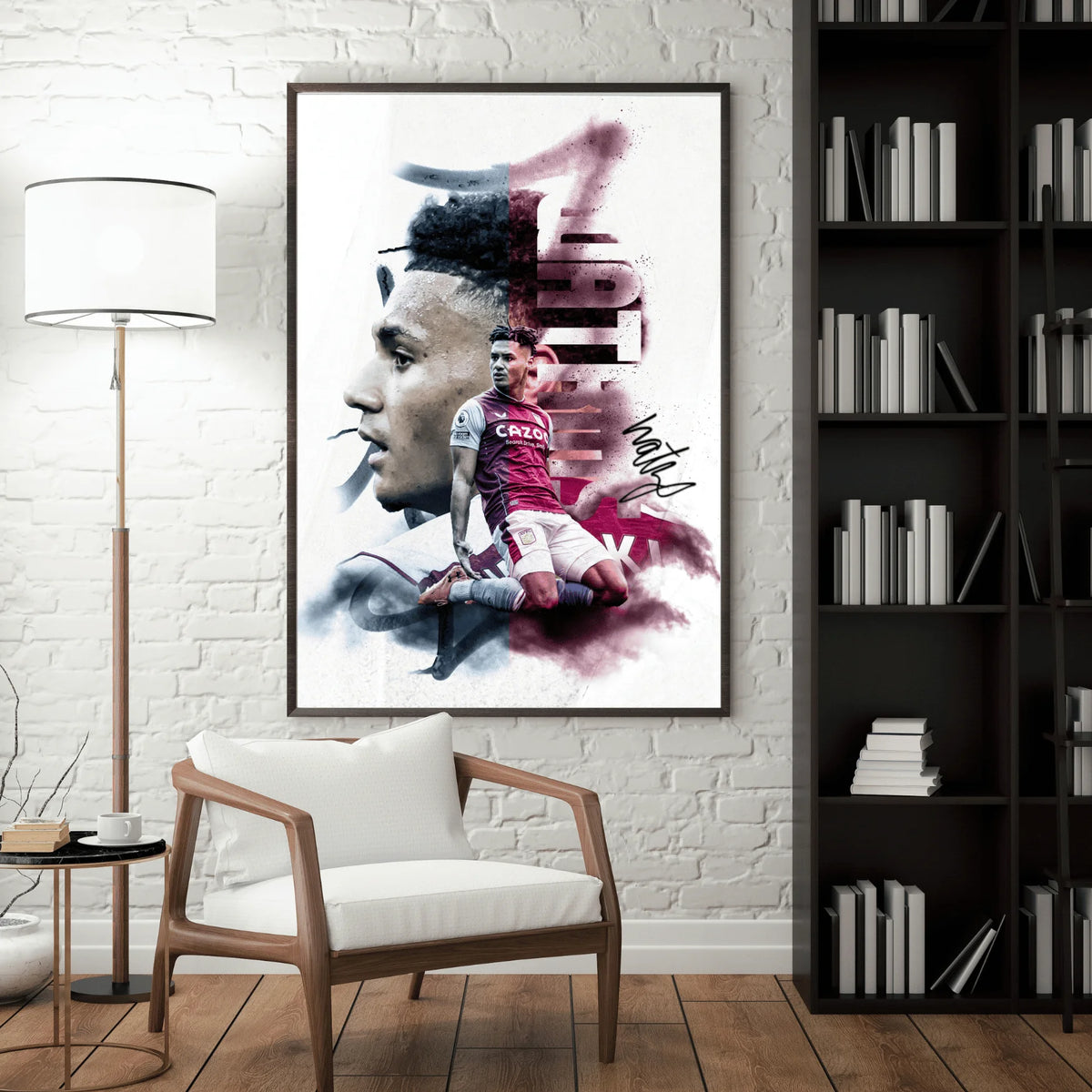 Framed artwork of a soccer player in a modern living room setting with a chair and bookshelf.