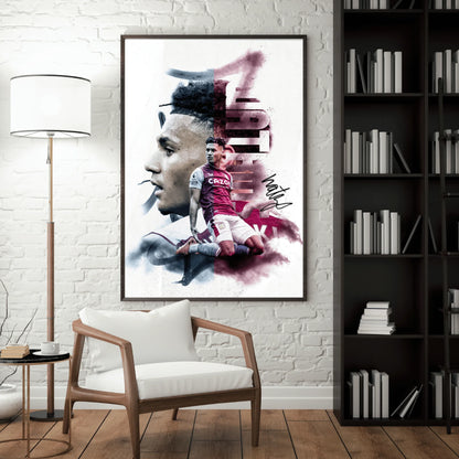Framed artwork of a soccer player in a modern living room setting with a chair and bookshelf.