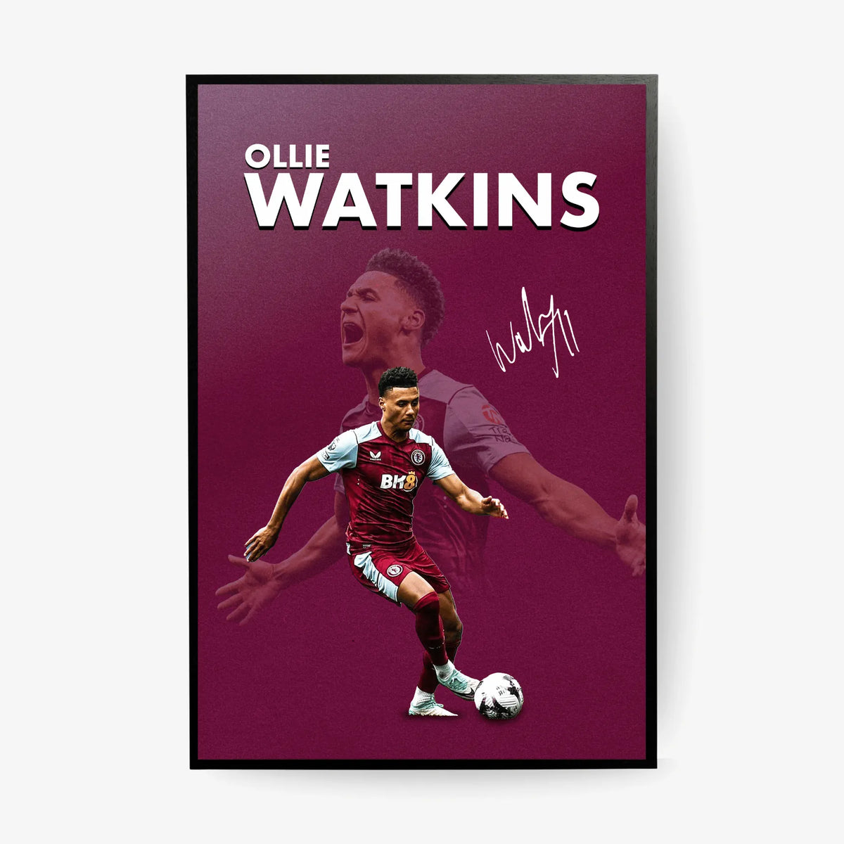 Framed Ollie Watkins poster featuring him in Aston Villa kit, dribbling the ball with a celebratory background.