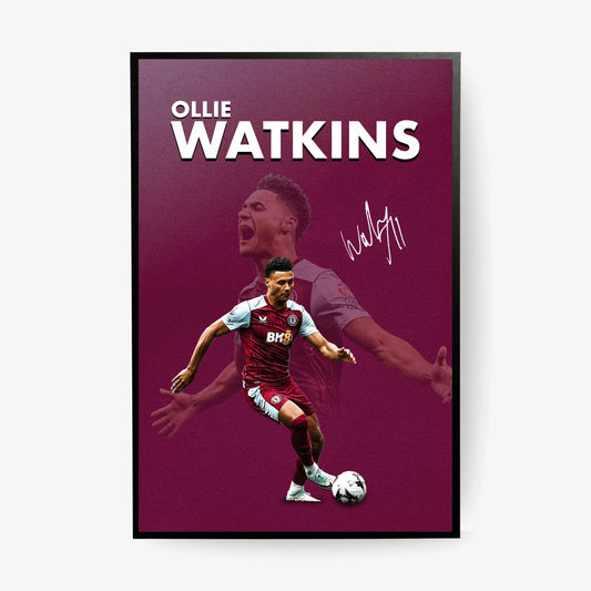 Framed Ollie Watkins poster featuring him in Aston Villa kit, dribbling the ball with a celebratory background.