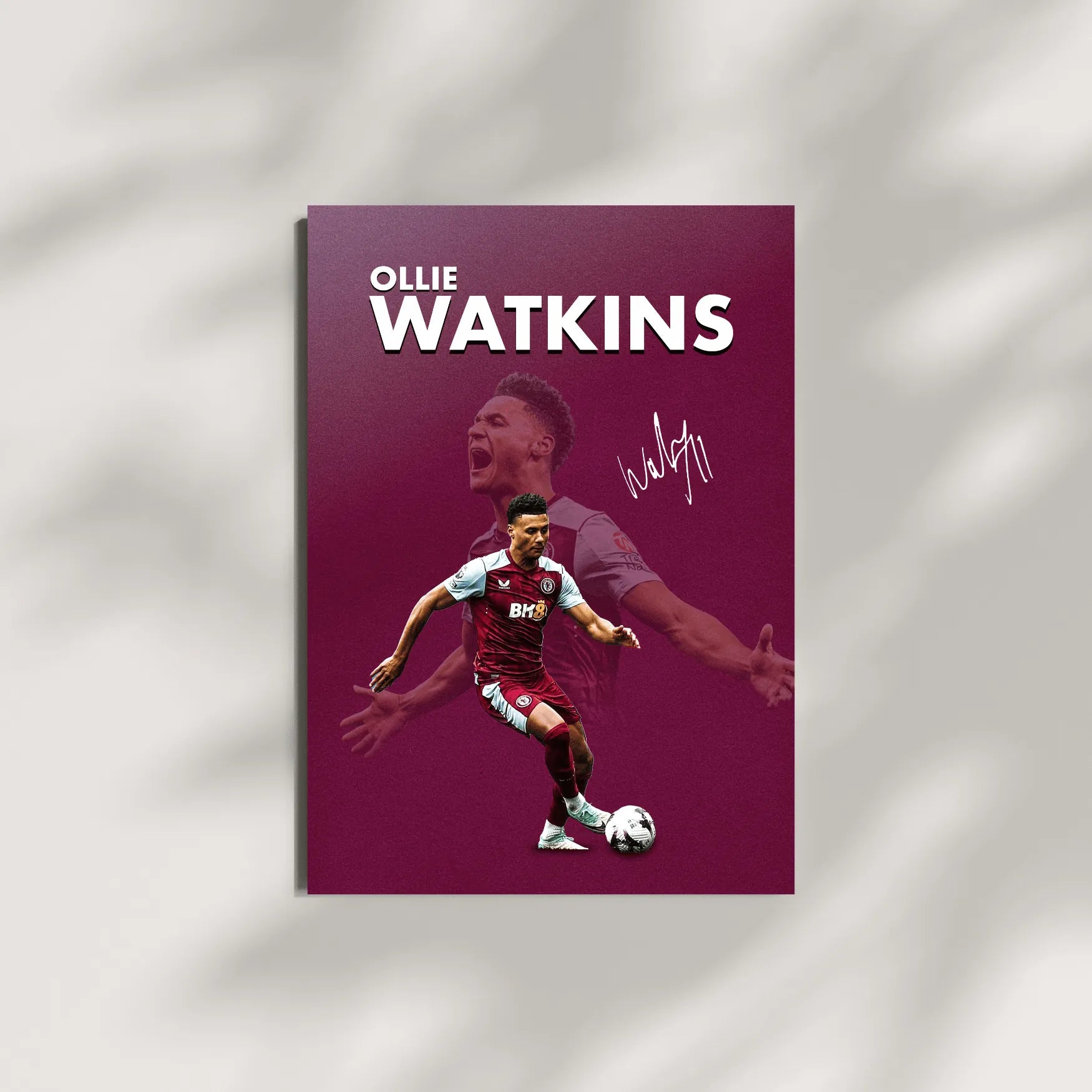 Ollie Watkins football poster mockup with soft shadow effect on a neutral background.