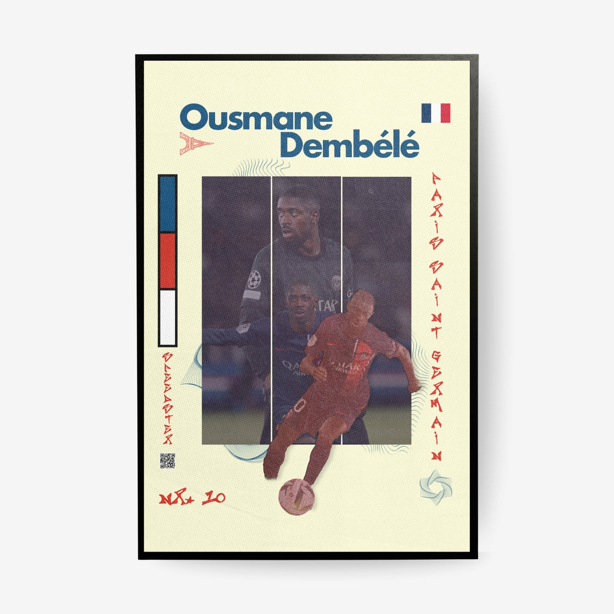 Ousmane Dembele football poster in a black frame featuring France and Paris inspired artwork