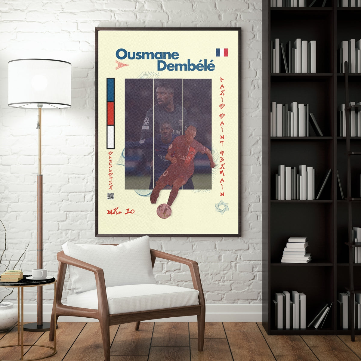 Ousmane Dembele football poster displayed in a modern interior with a dark frame