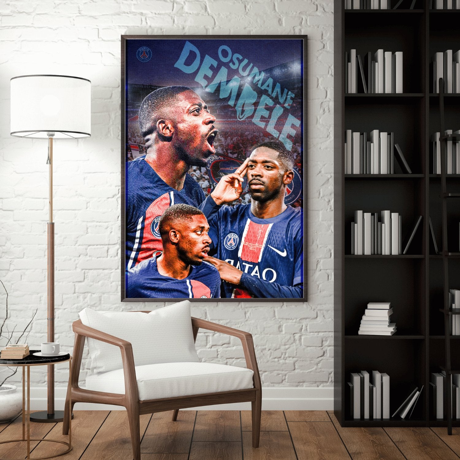 Ousmane Dembélé Paris Saint-Germain football wall art displayed in modern living room