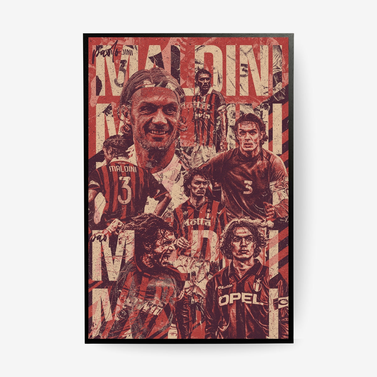Paolo Maldini AC Milan football poster in a black frame featuring iconic career moments in a vintage red collage design