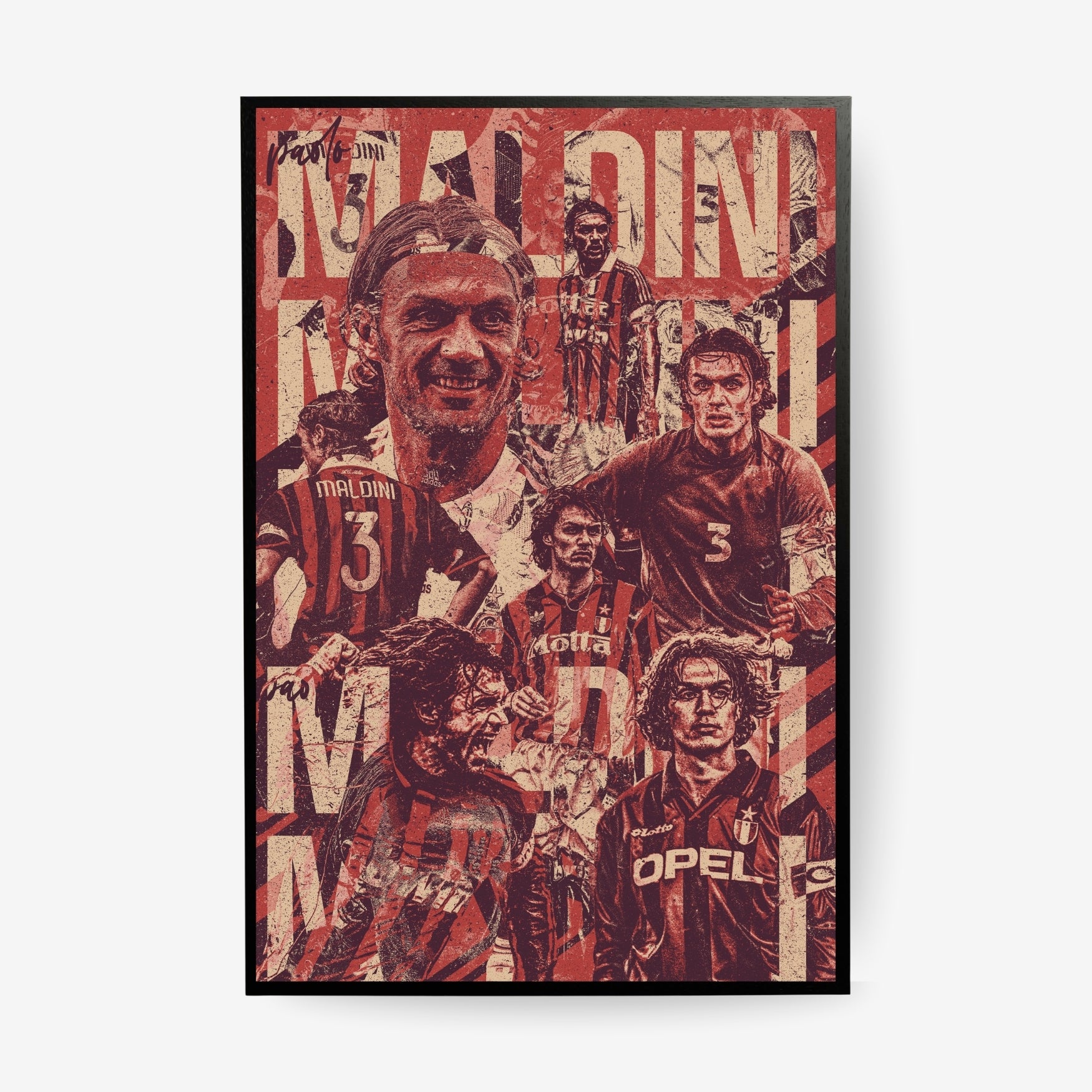 Paolo Maldini AC Milan football poster in a black frame featuring iconic career moments in a vintage red collage design