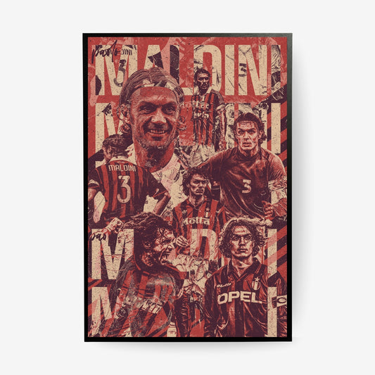 Paolo Maldini AC Milan football poster in a black frame featuring iconic career moments in a vintage red collage design